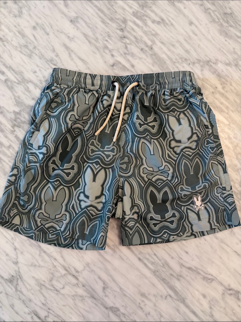 Psycho Bunny Teal & Gray Patterned Boys Swim Trunks